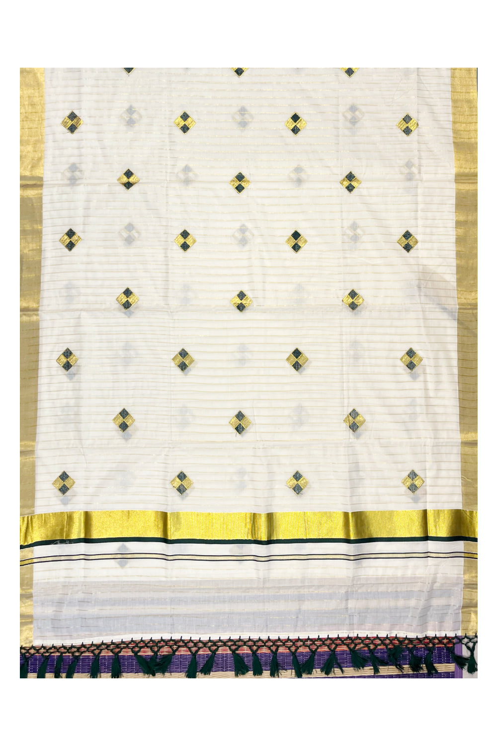 Kerala Cotton Kasavu Lines Saree with Green and Golden Diagonal Embroidery Work