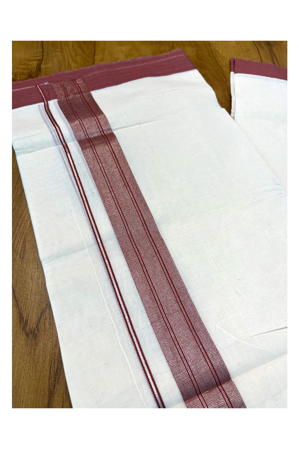 Pure Cotton Off White Double Mundu with Silver Kasavu and Brown Kara (South Indian Kerala Dhoti)