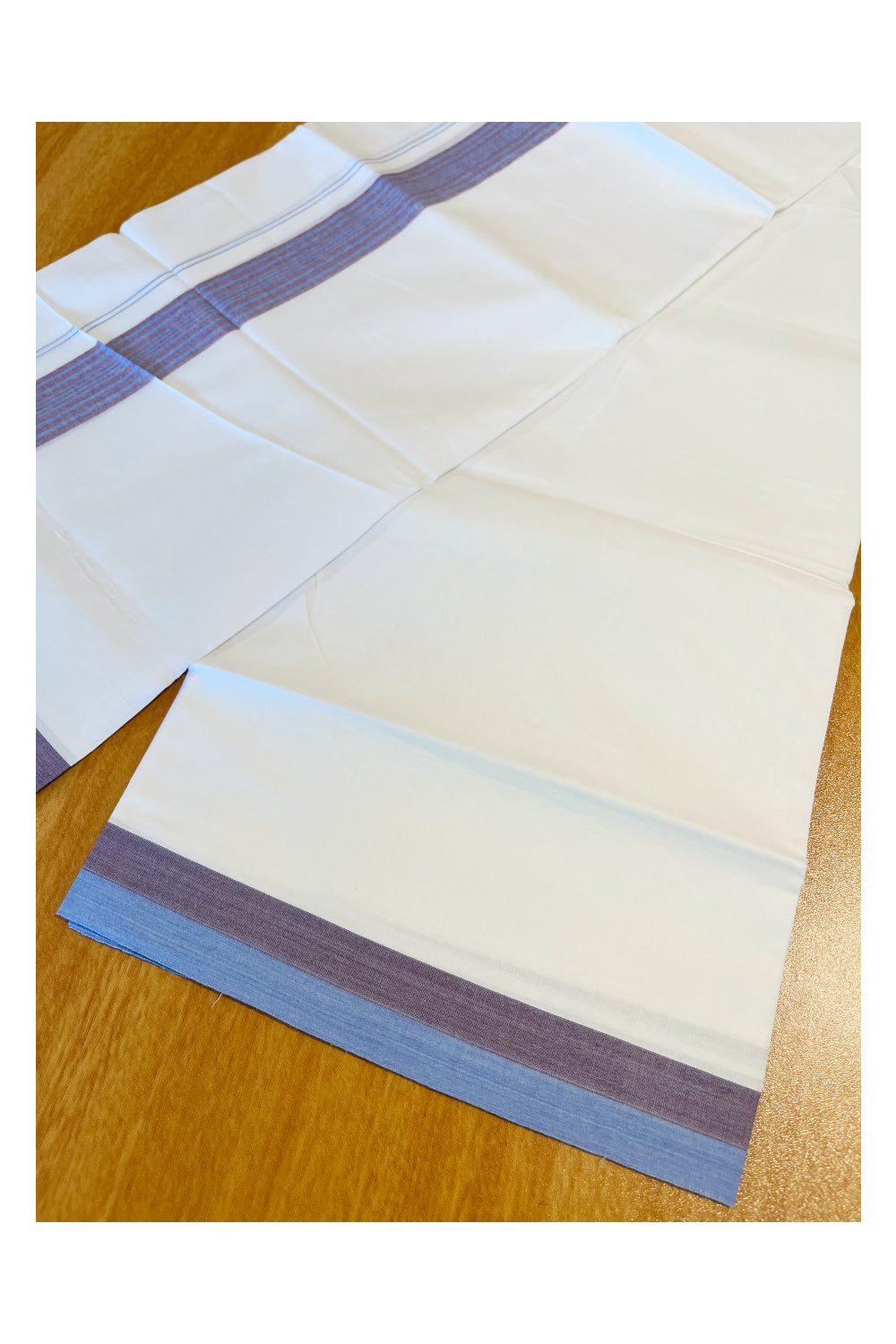 Pure White Cotton Double Mundu with Blue And Maroon Border (South Indian Dhoti)