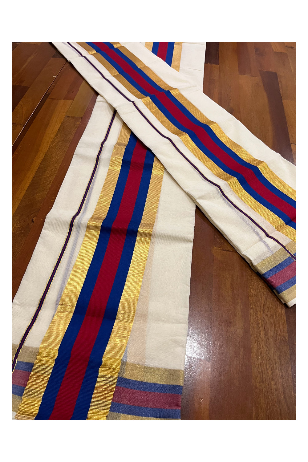 Kerala Cotton Mundum Neriyathum Single (Set Mundu) with Maroon Blue and Kasavu Border