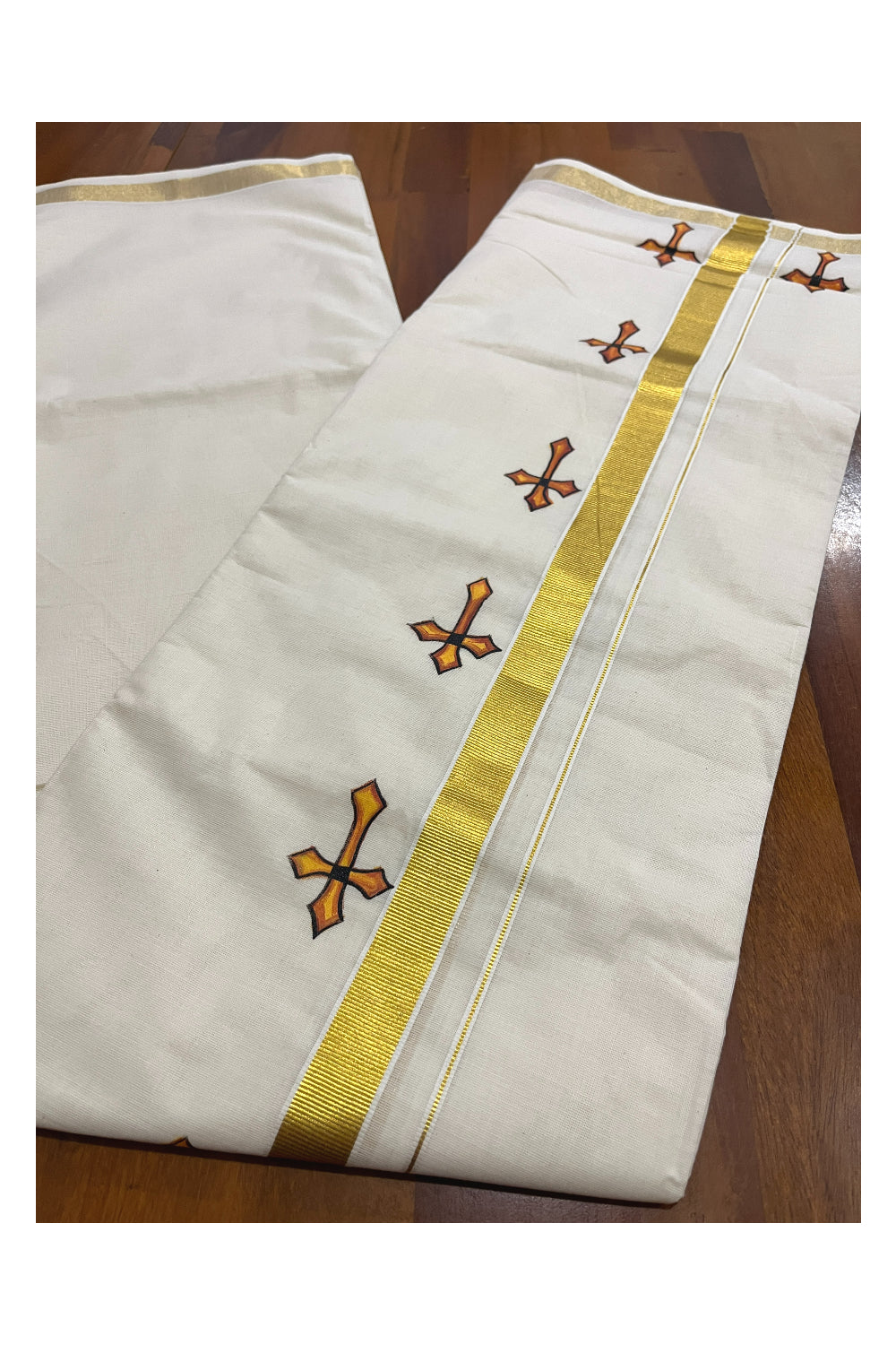 Off White Pure Cotton Double Mundu with Cross Mural Painted Design on Kasavu Kara (South Indian Dhoti)