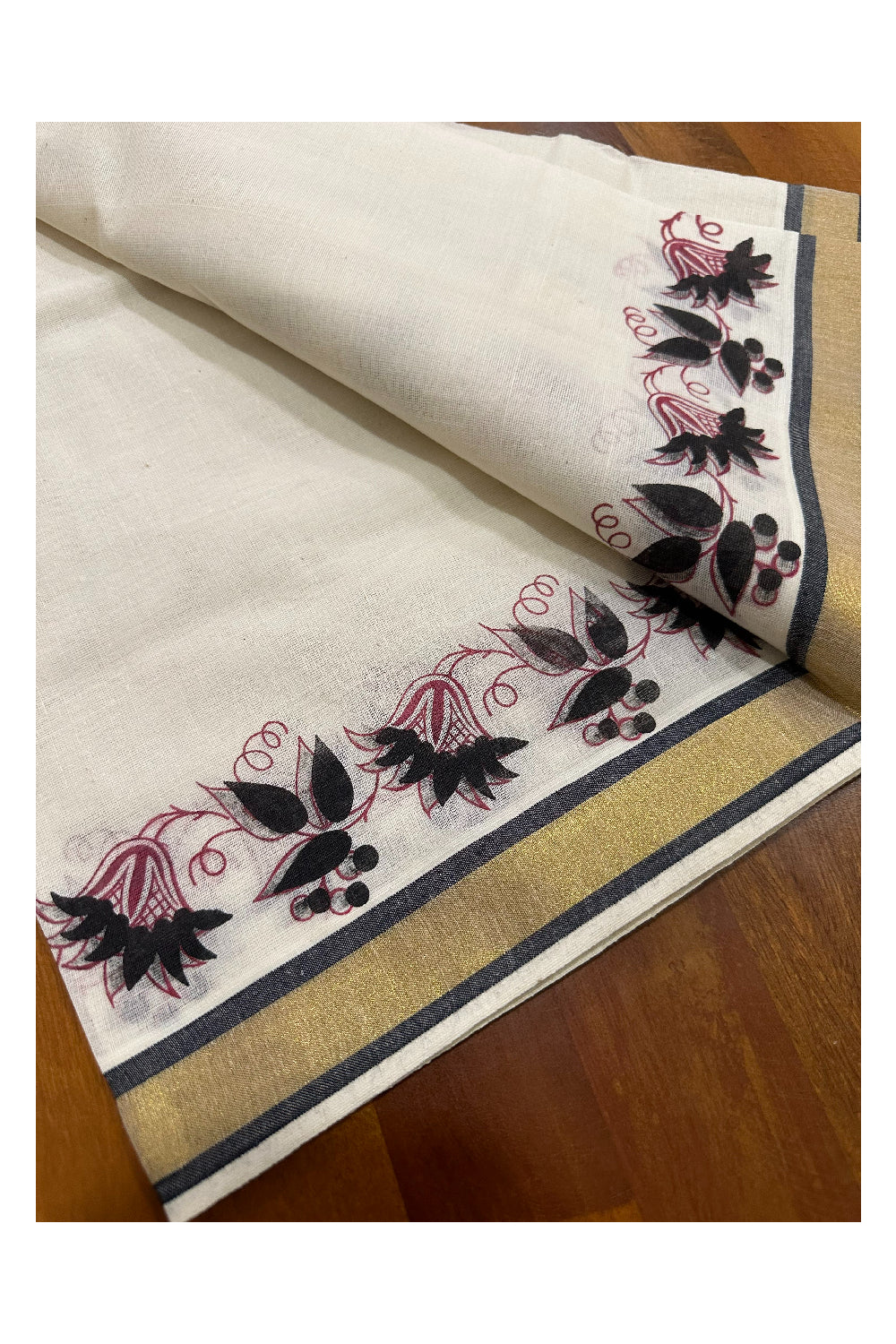 Kerala Cotton Kasavu Single Set Mundu (Mundum Neriyathum) with Black Floral Block Prints on Border 2.80 Mtrs (Onam set Mundu 2023)