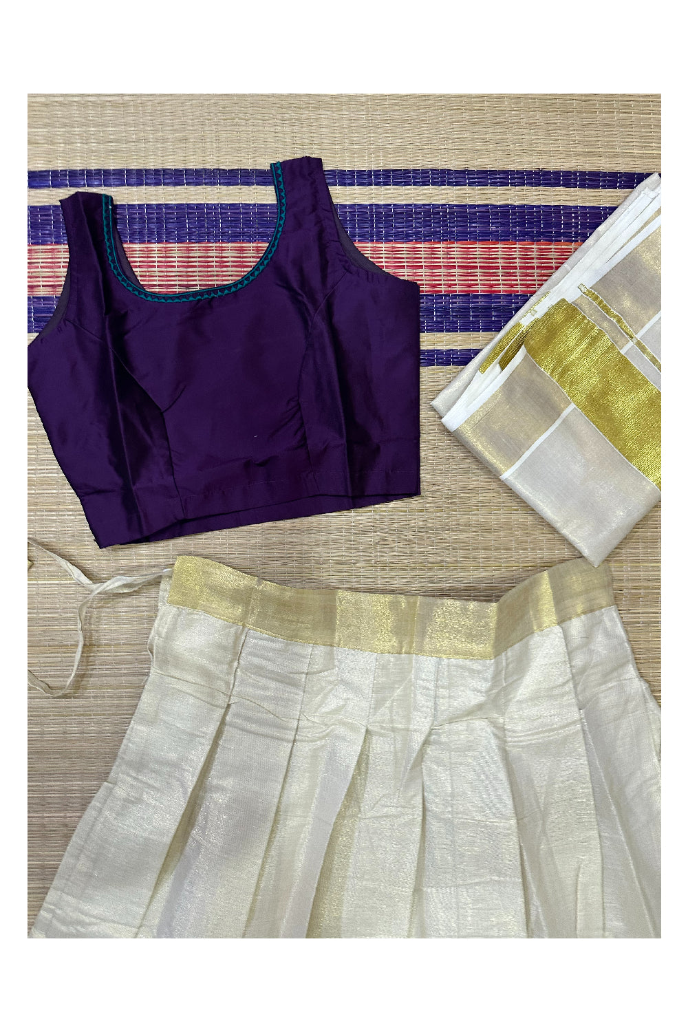 Stitched Dhavani Set with Tissue Pavada and Dark Violet Readymade Blouse