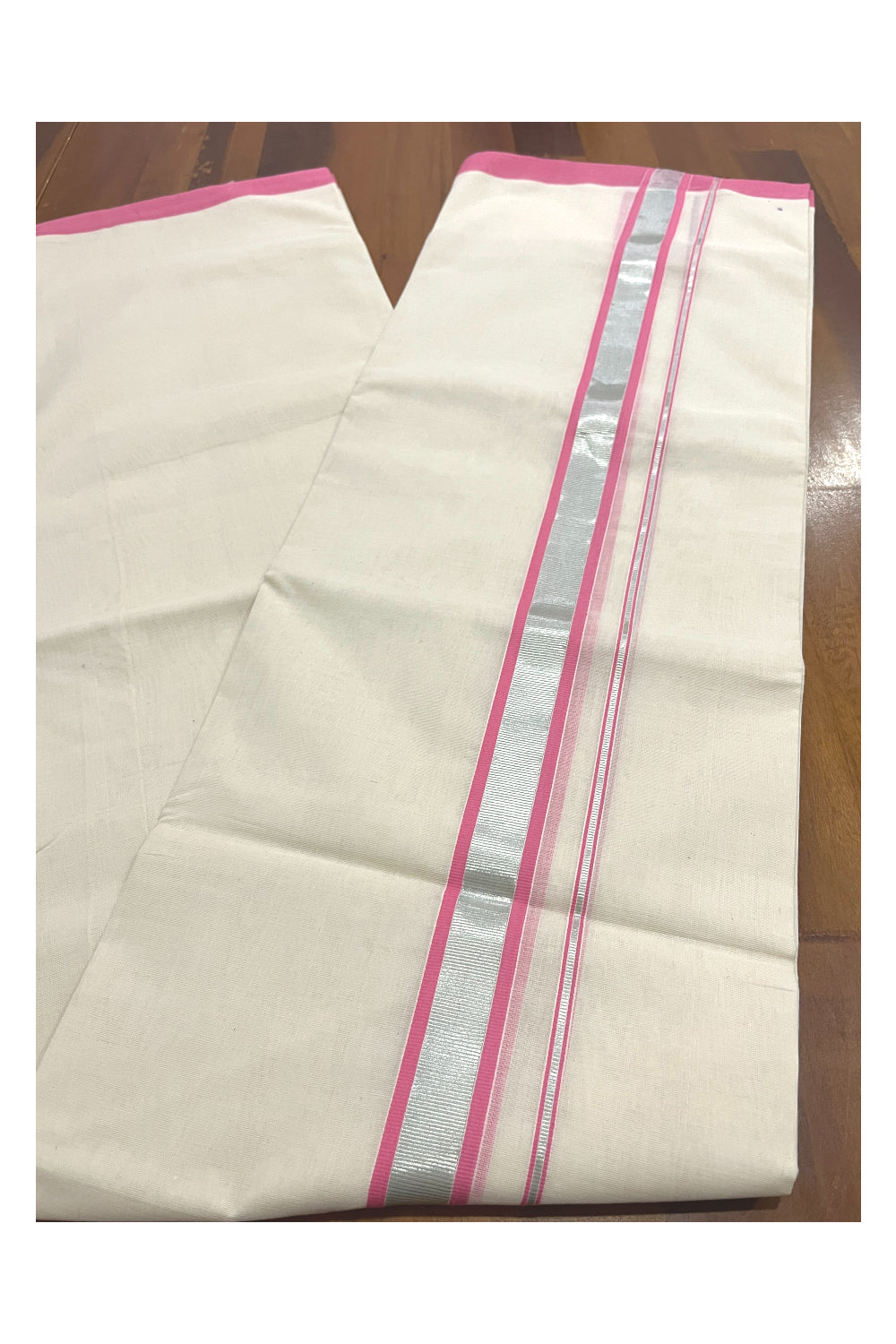 Southloom Premium Balaramapuram Unakkupaavu Handloom Mundu with Pink and Silver Kasavu Border (South Indian Kerala Dhoti)