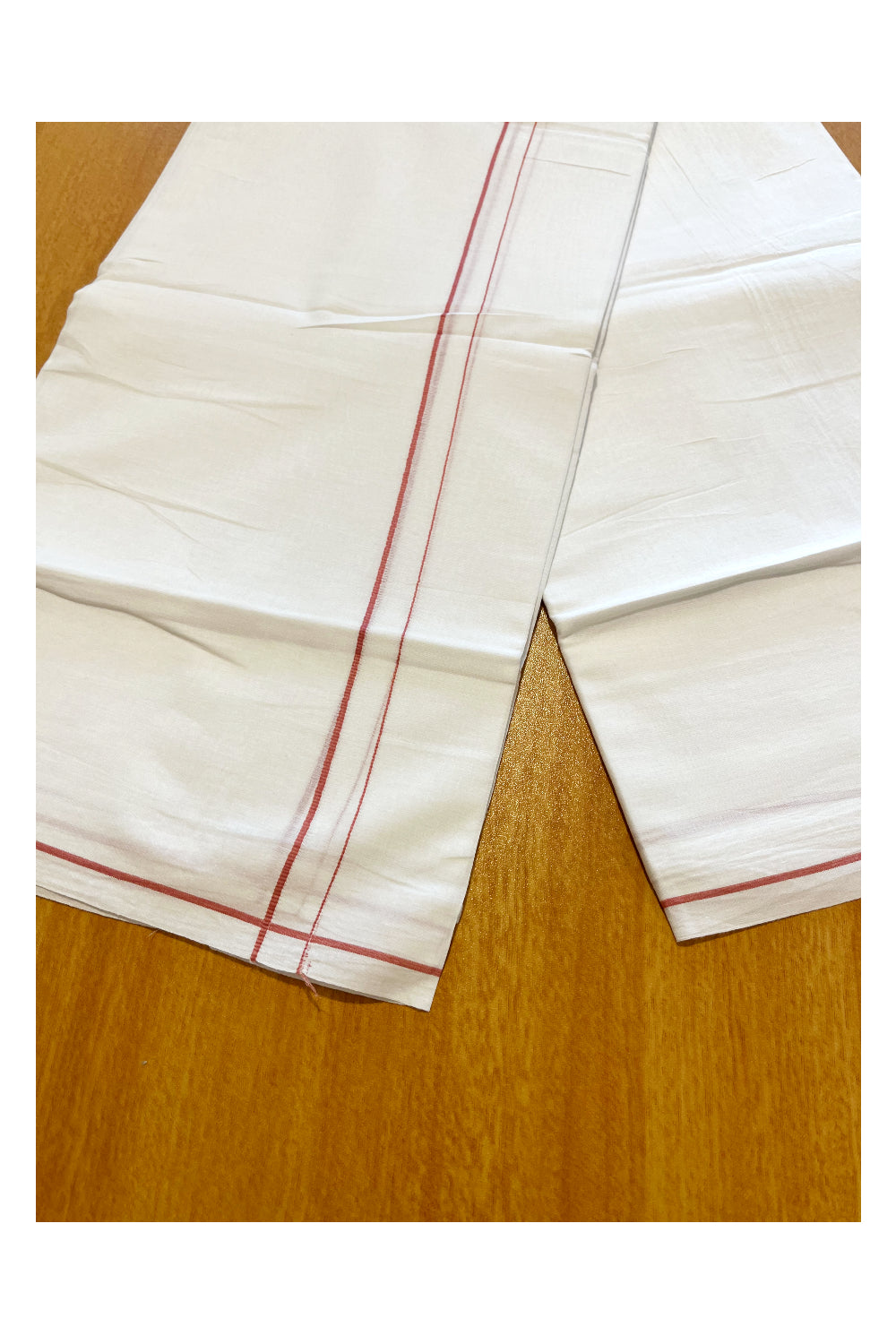 Pure White Cotton Double Mundu with Brick Red Border (South Indian Dhoti)