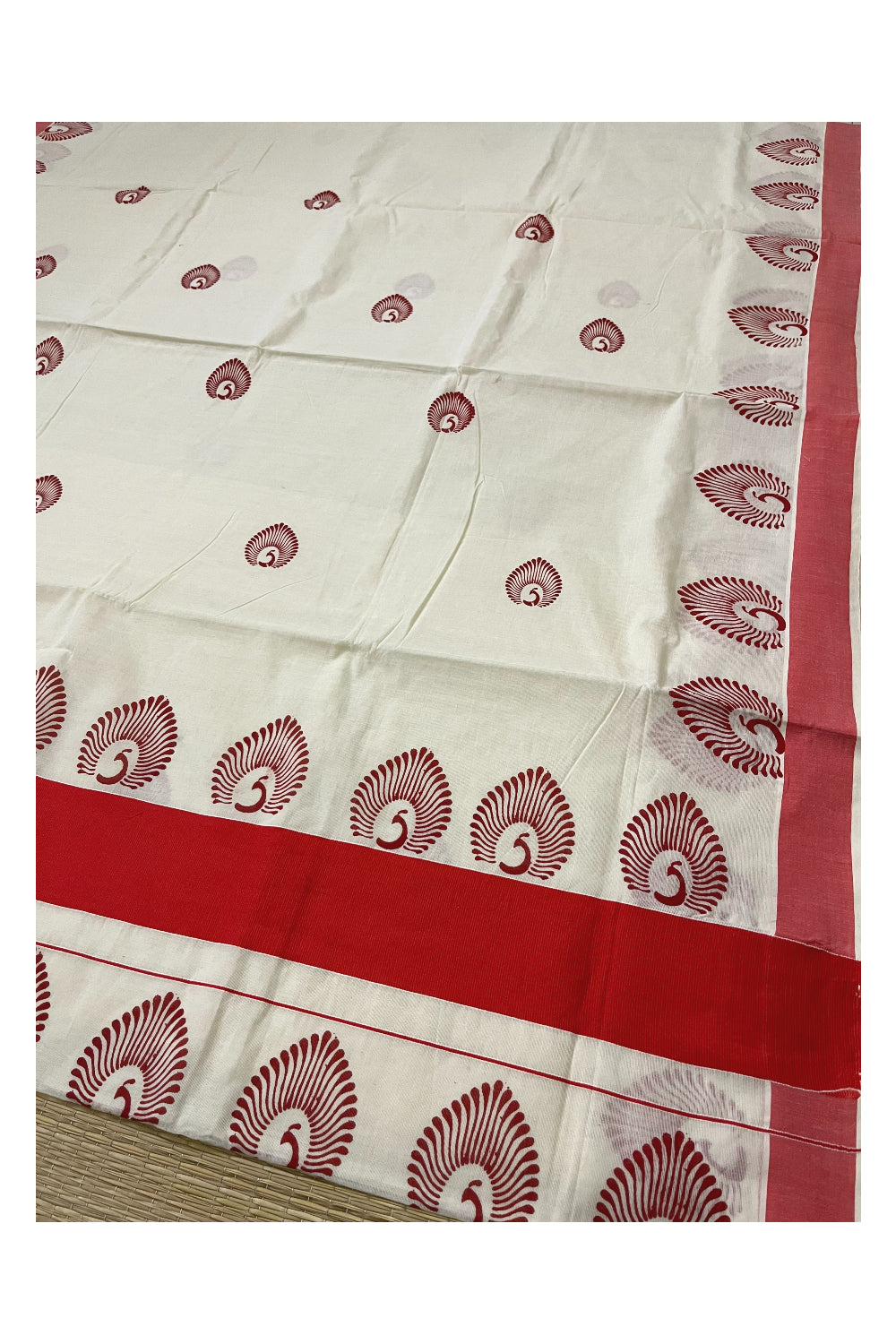 Pure Cotton Kerala Saree with Dark Orange Block Printed Border (Onam Saree 2023)