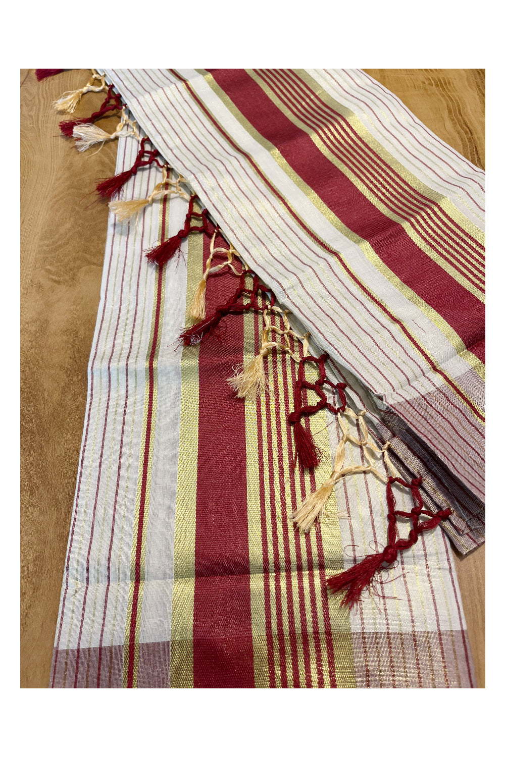 Kerala Tissue Single Set Mundu (Mundum Neriyathum) with  Kasavu Lines Across Body And Maroon Kasavu Border 2.80 Mtrs