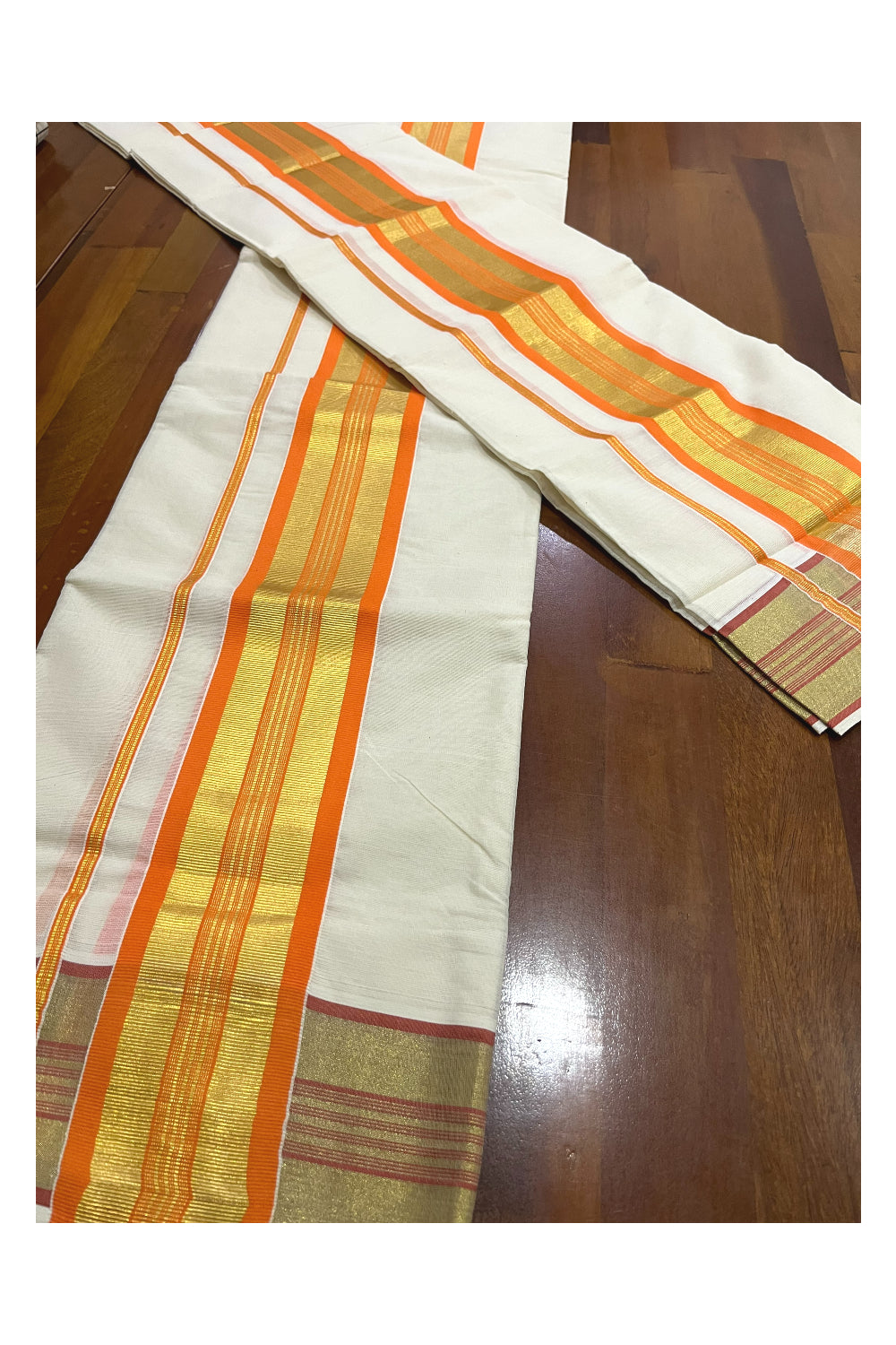 Pure Cotton Kerala Onam 2023 Set Mundu (Mundum Neriyathum) Single with Orange and Kasavu Border 2.80 Mtrs