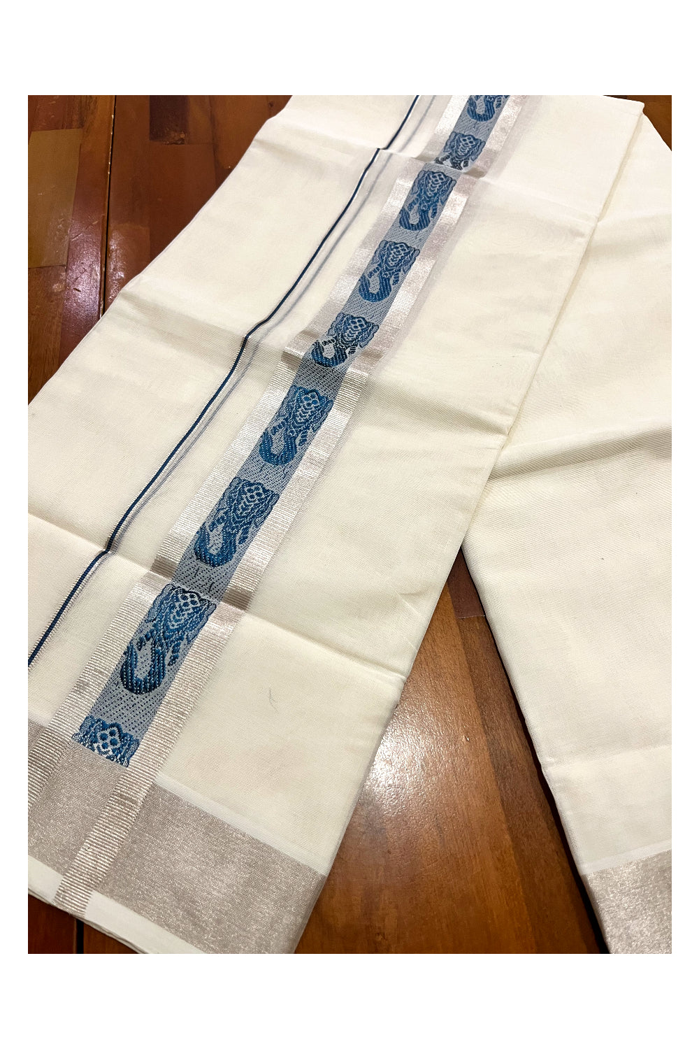 Southloom Premium Wedding Handloom Cotton Mundu with Blue and Silver Kasavu Woven Border (South Indian Kerala Dhoti)