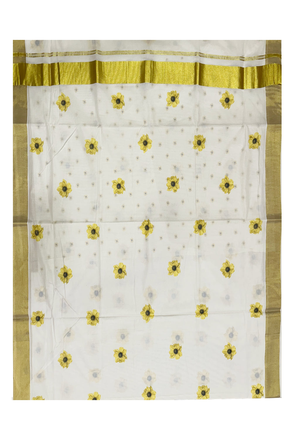 Southloom Exclusive Onam Kasavu Saree with Small Yellow Floral High Quality Digital Print Across Body (Matching Printed Blouse Included)