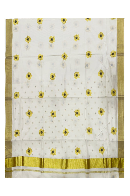 Southloom Exclusive Onam Kasavu Saree with Small Yellow Floral High Quality Digital Print Across Body (Matching Printed Blouse Included)