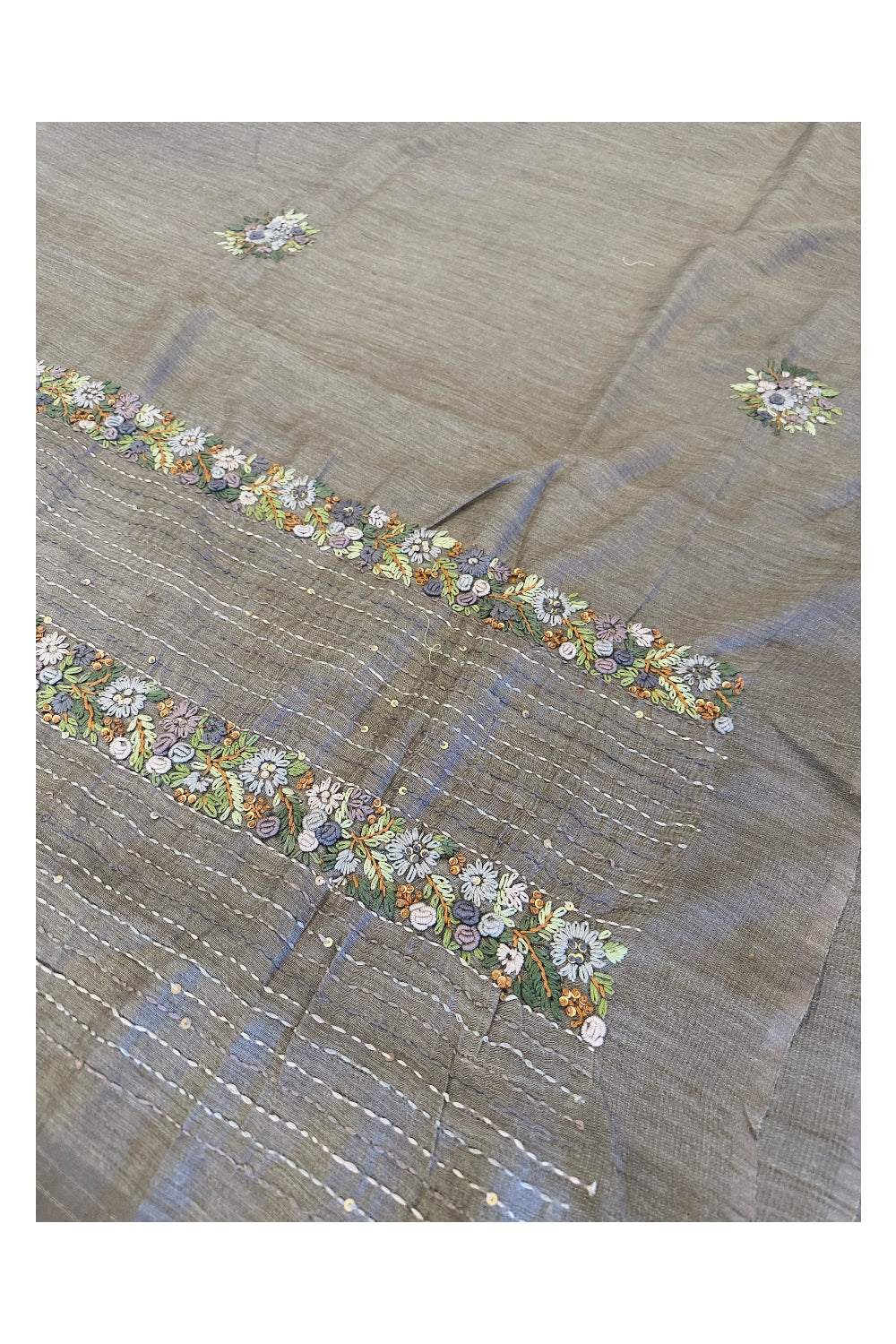 Southloom Dark Grey Linen Saree with Floral Hand Embroidered works