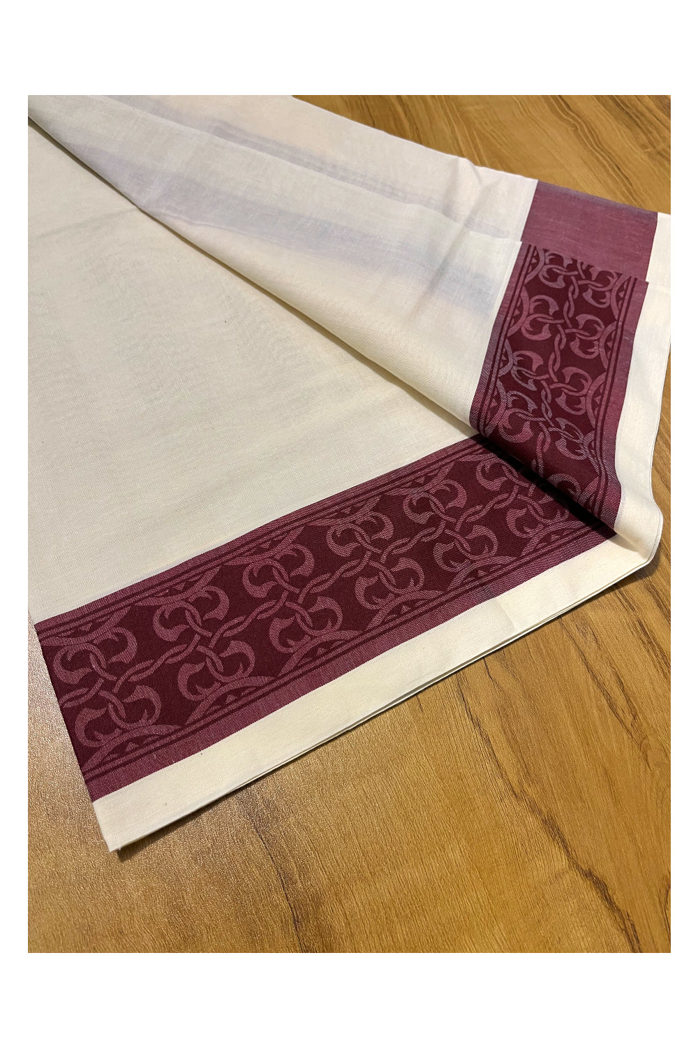 Kerala Cotton Single Set Mundu (Mundum Neriyathum) with Maroon Block print Border 2.80Mtrs