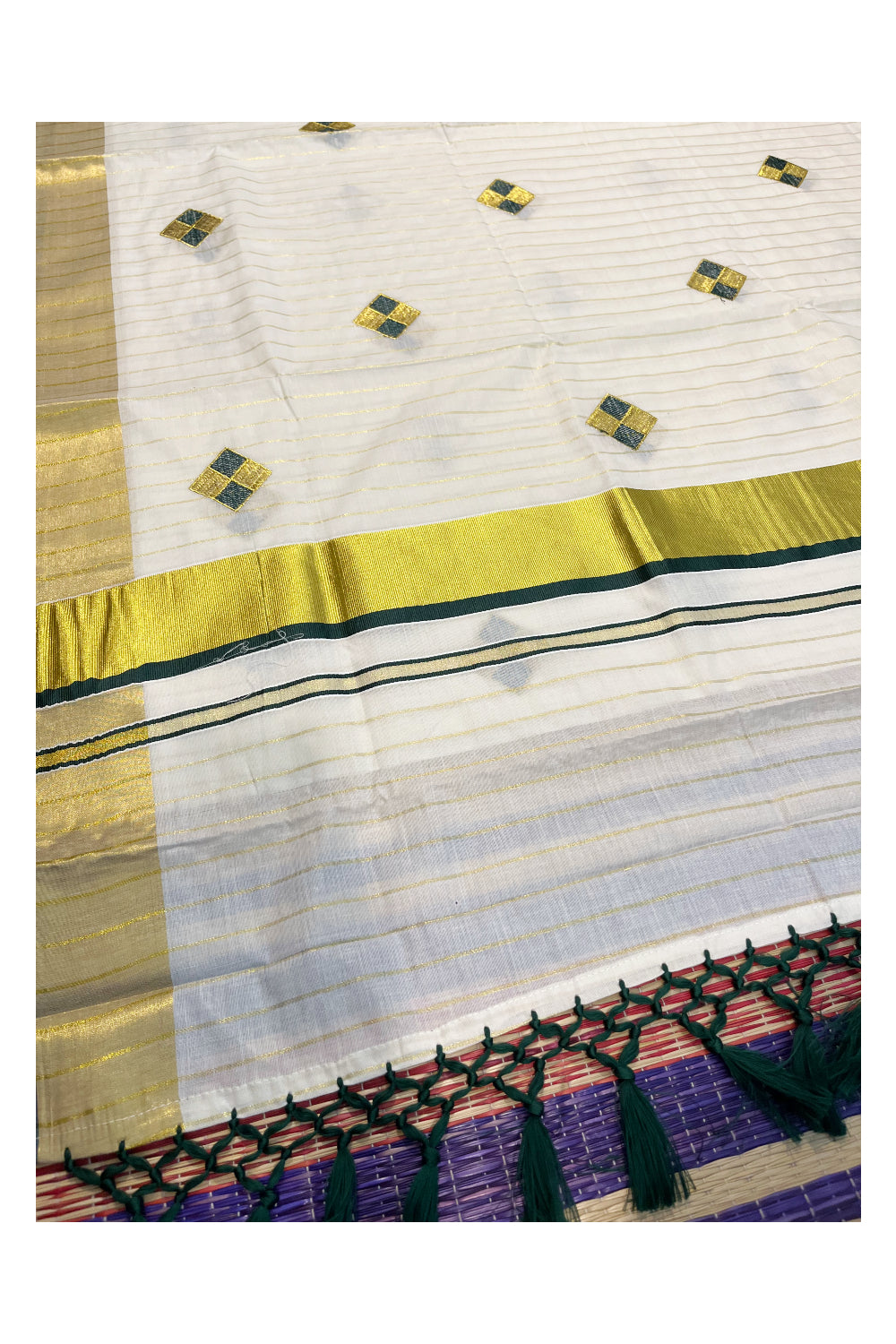 Kerala Cotton Kasavu Lines Saree with Green and Golden Diagonal Embroidery Work