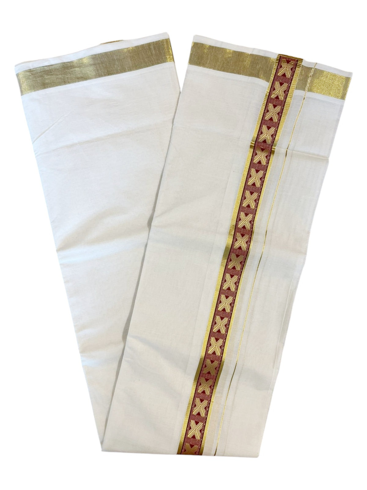 Southloom Kasavu Double Mundu with Maroon Prints Along Kasavu Kara