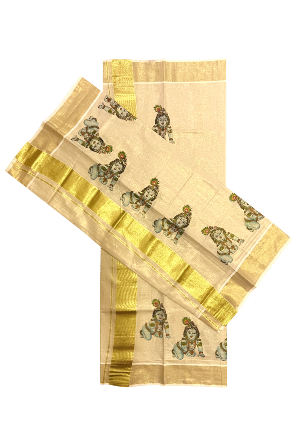 Kerala Tissue Kasavu Set Mundu (Mundum Neriyathum) with Baby Krishna Mural Printed Design (Onam Set Mundu 2023)