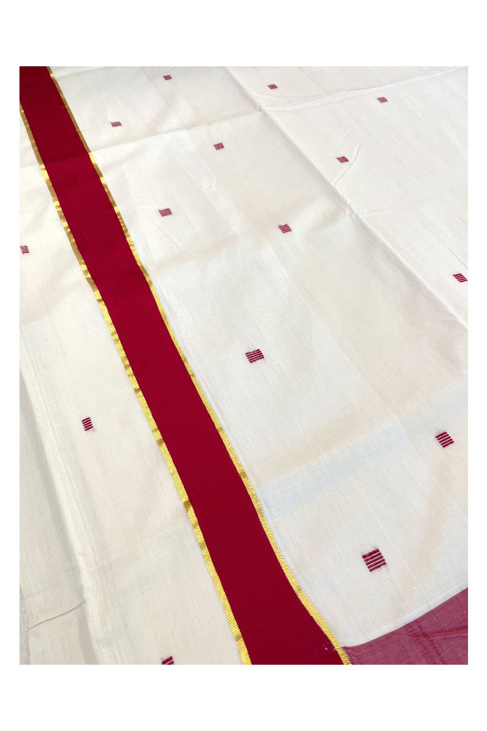 Southloom Premium Balaramapuram Unakkupaavu Handloom Cotton Butta Saree with Red and Kasavu Border