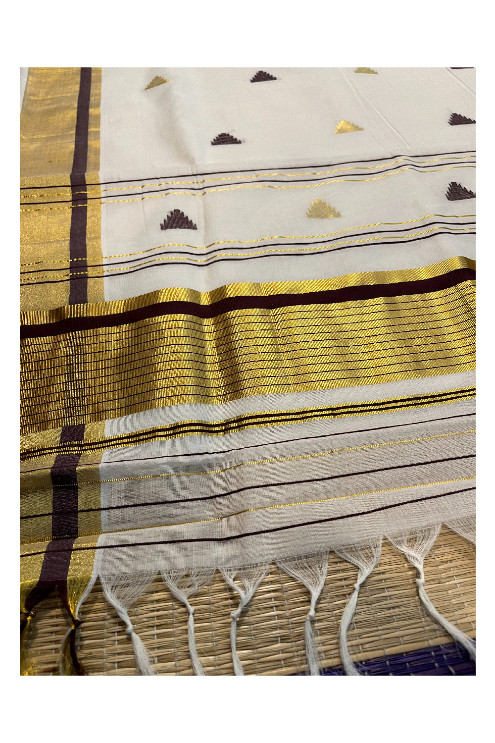 Southloom Premium Handloom Cotton Kasavu Saree with Golden And Brown Temple Woven Motifs