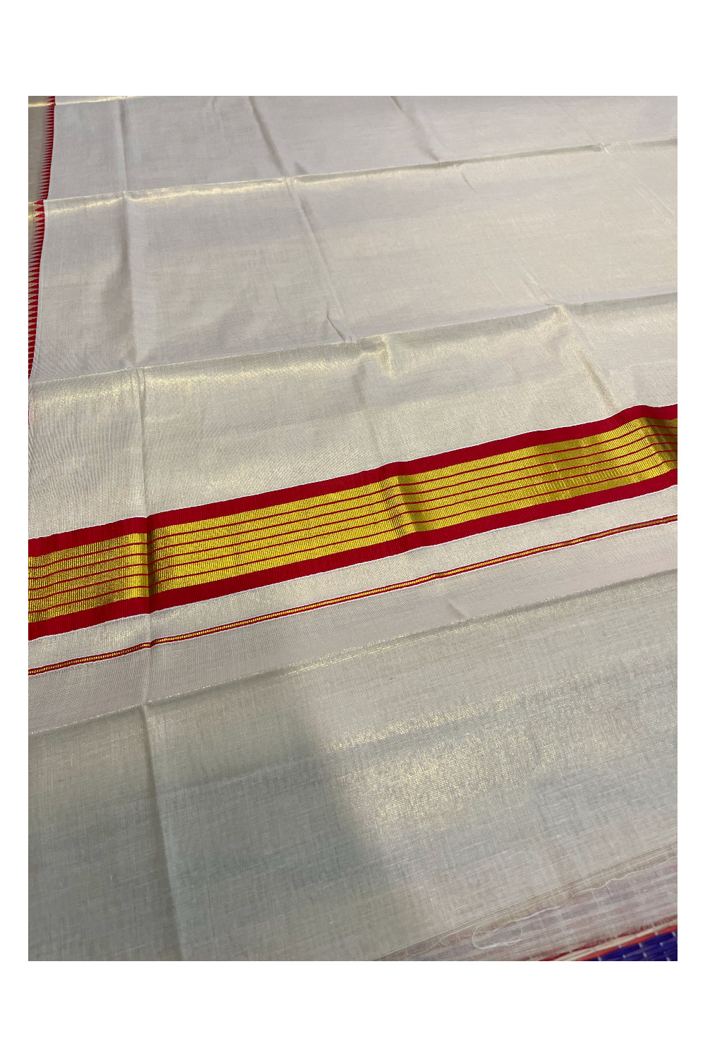 Kerala Tissue Kasavu Saree With Red Temple Woven Works on Border