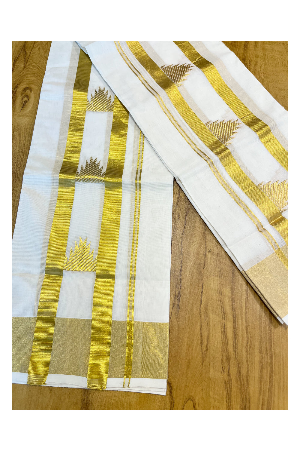 Southloom Handloom Premium Cotton Kasavu Set Mundu With Temple Woven Patterns On Border (Mundum Neriyathum) 2.80 Mtrs