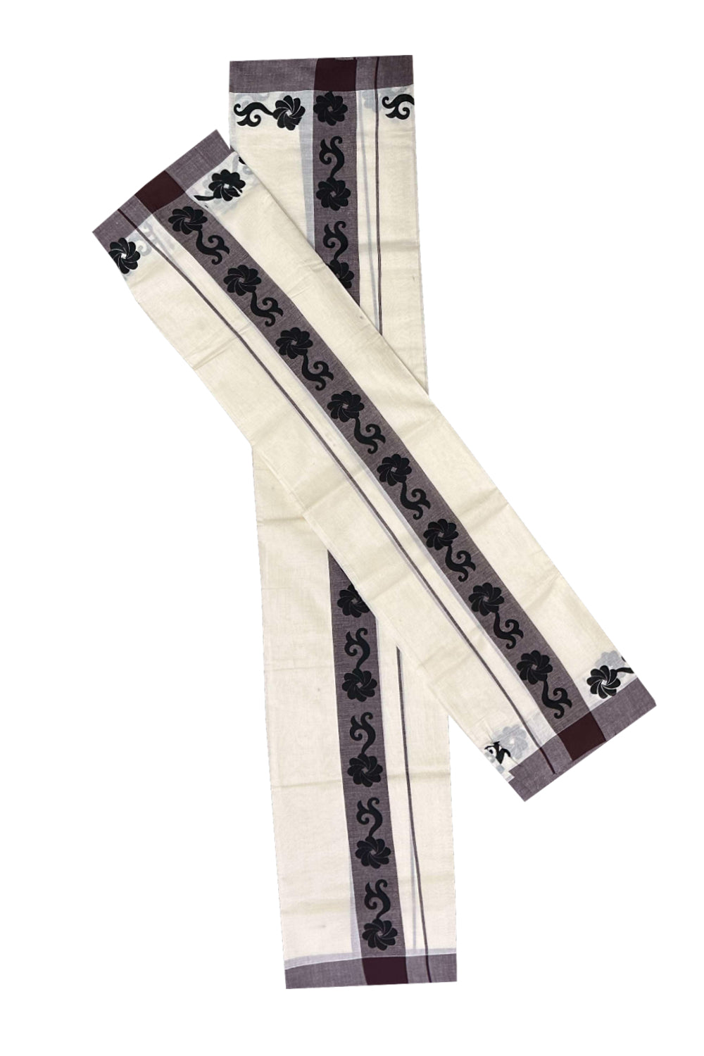 Kerala Cotton Single Set Mundu (Mundum Neriyathum) with Block Prints on Brown Border (Onam set Mundu 2023)