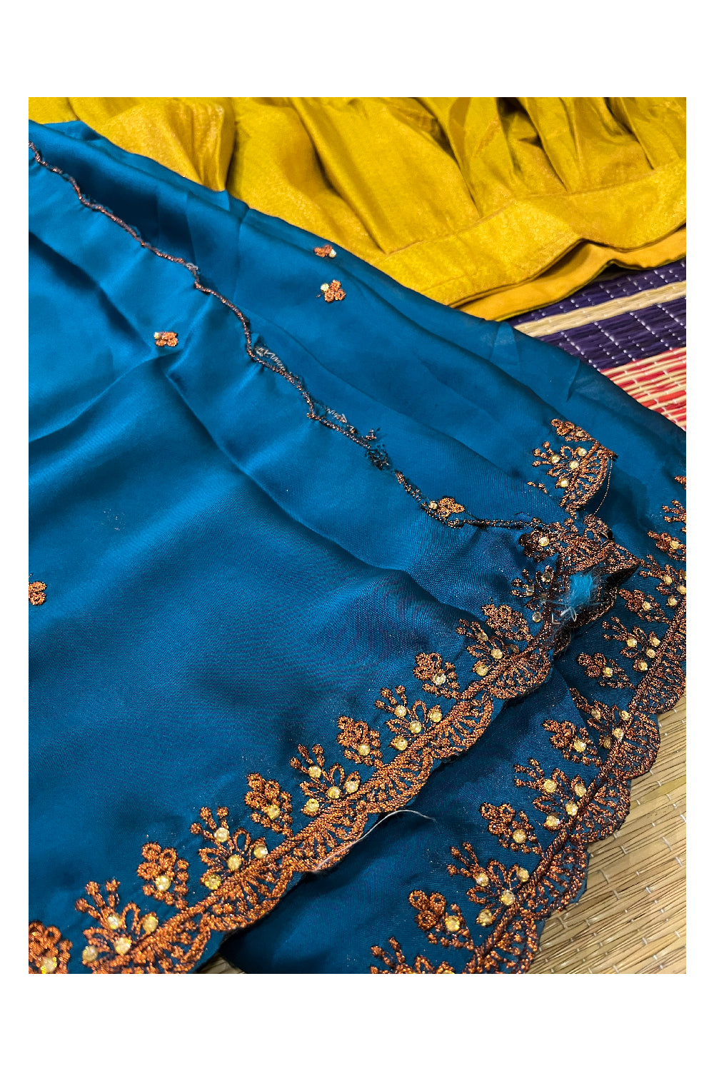 Semi Stitched Premium Semi SIlk Golden Yellow Dhavani Set with Blue Neriyathu and Blouse Piece