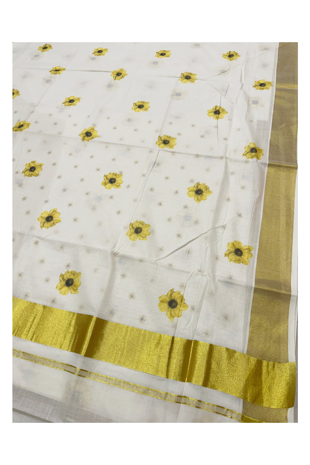 Southloom Exclusive Onam Kasavu Saree with Small Yellow Floral High Quality Digital Print Across Body (Matching Printed Blouse Included)