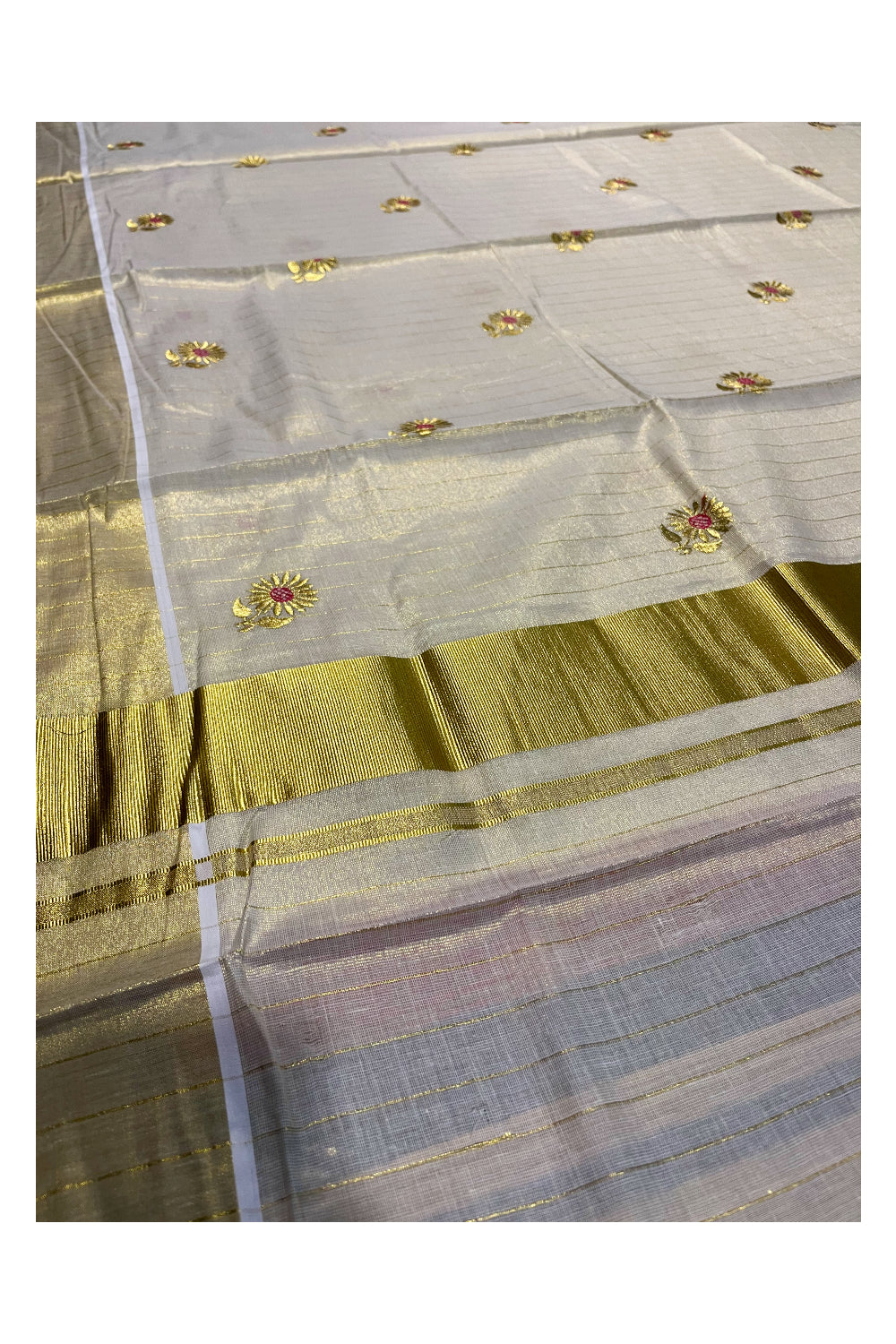 Kerala Tissue Kasavu Stripes Saree with Pink Floral Embroidery Design on Body