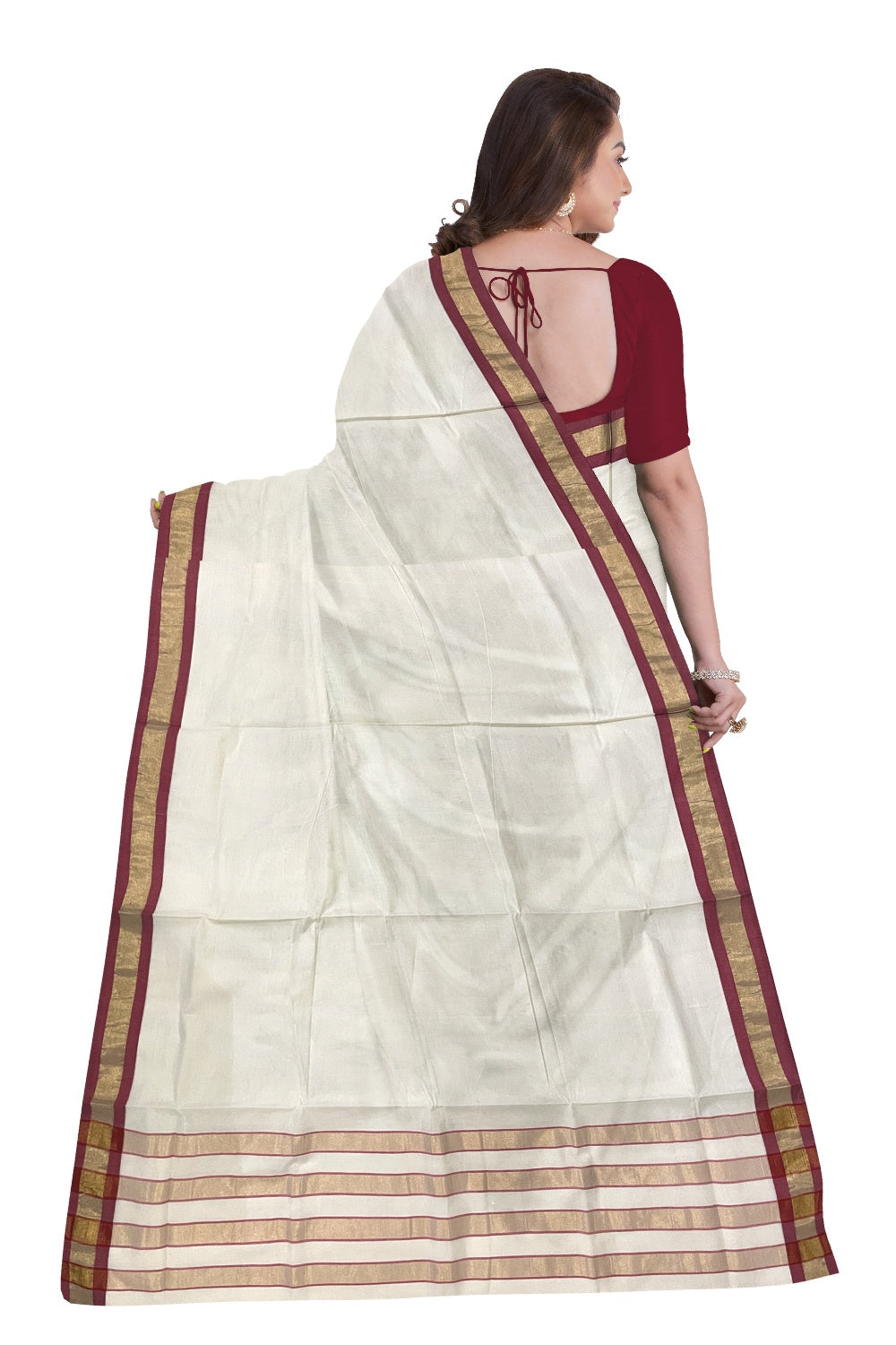 Pure Cotton Kerala Plain Saree with Kasavu and Red Border and Lines Design on Pallu