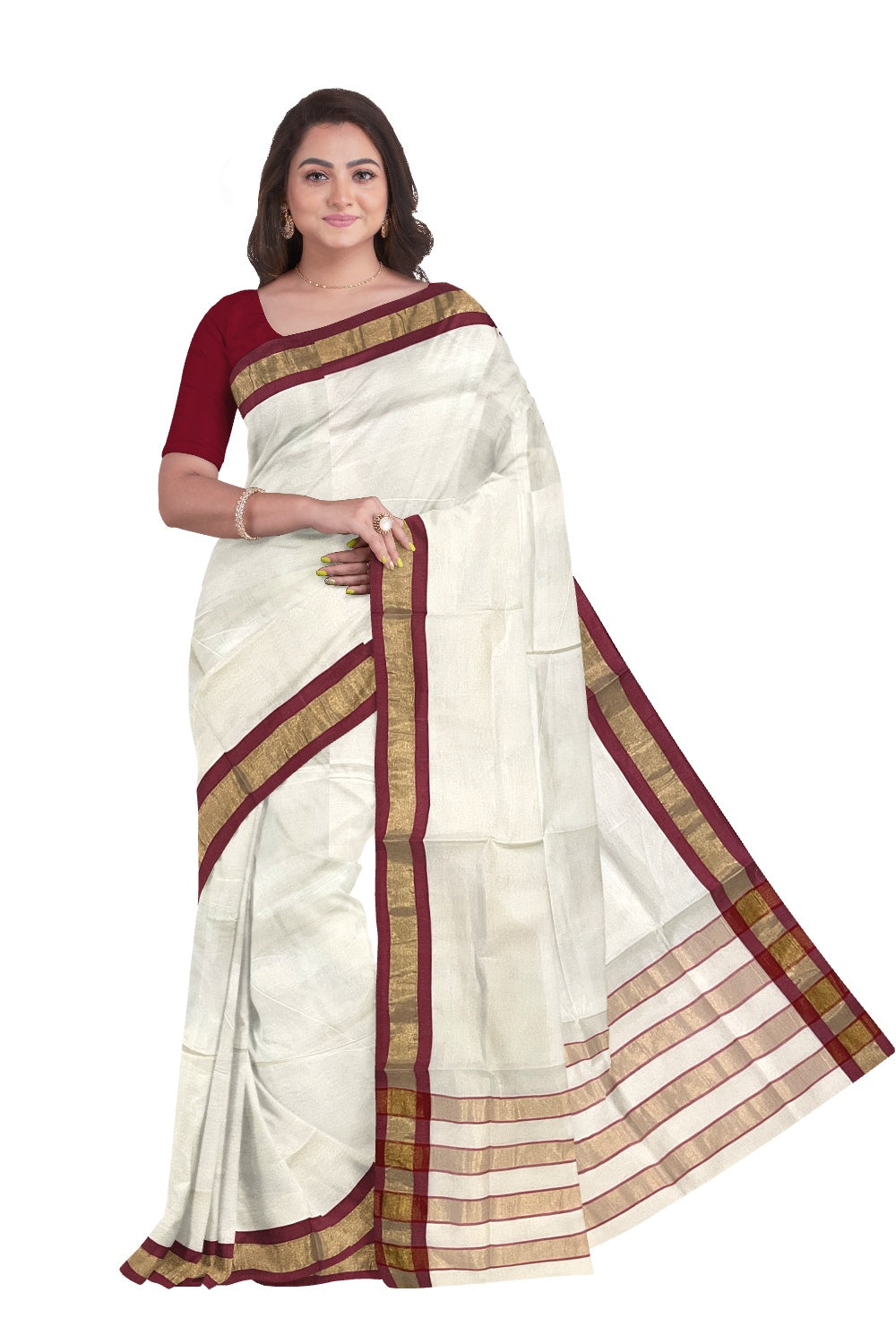 Pure Cotton Kerala Plain Saree with Kasavu and Red Border and Lines Design on Pallu