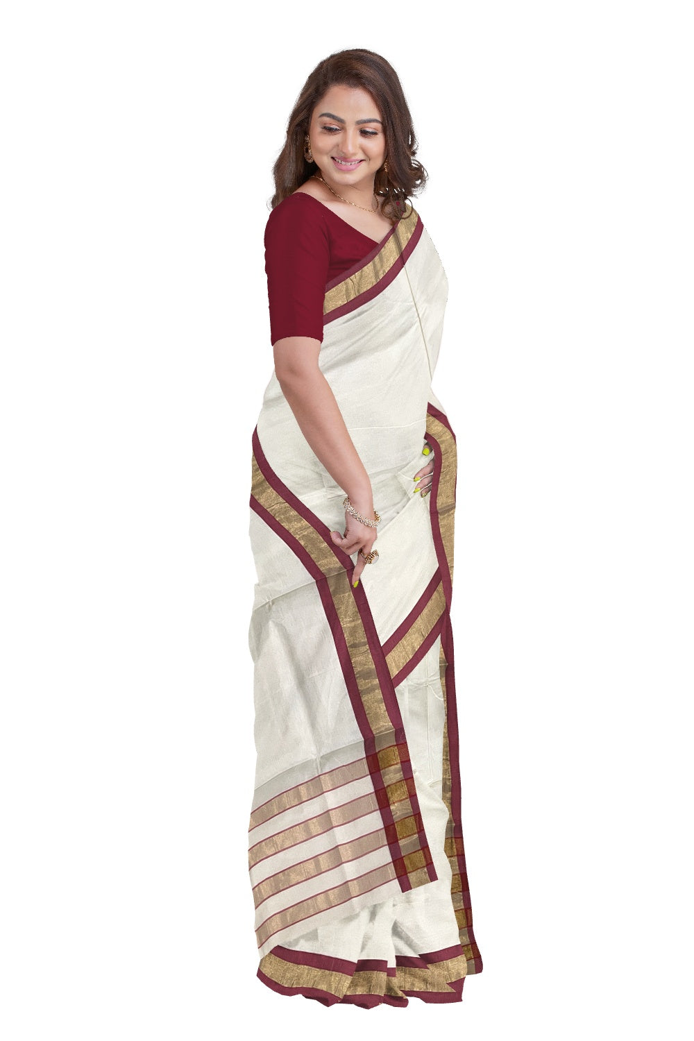 Pure Cotton Kerala Plain Saree with Kasavu and Red Border and Lines Design on Pallu