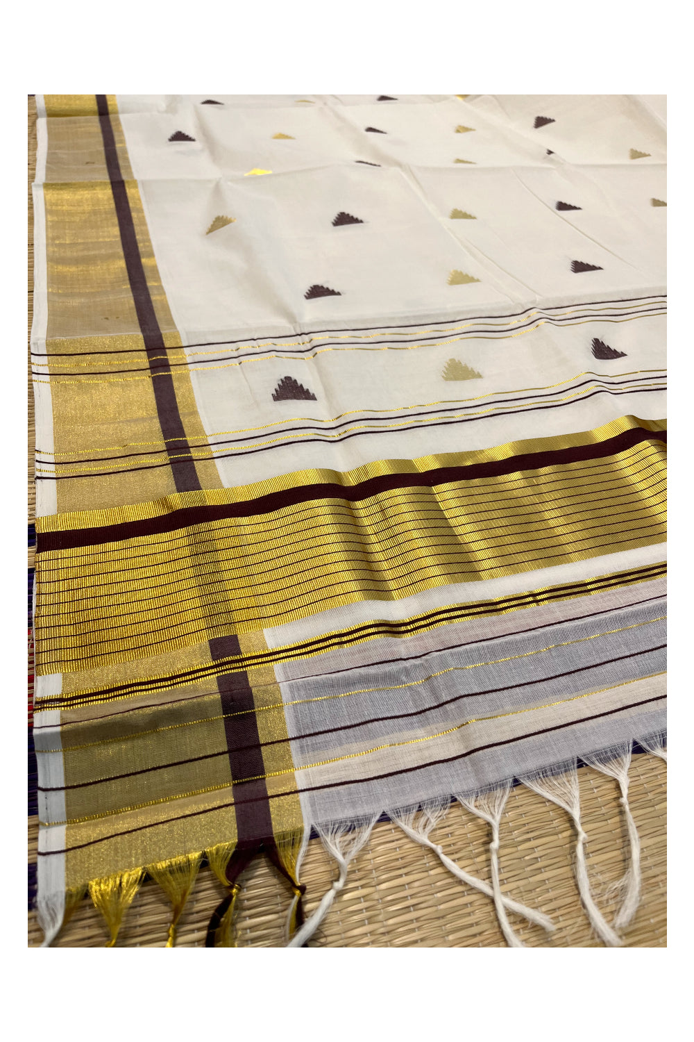 Southloom Premium Handloom Cotton Kasavu Saree with Golden And Brown Temple Woven Motifs