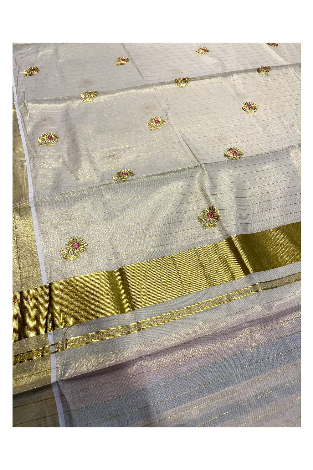 Kerala Tissue Kasavu Stripes Saree with Pink Floral Embroidery Design on Body