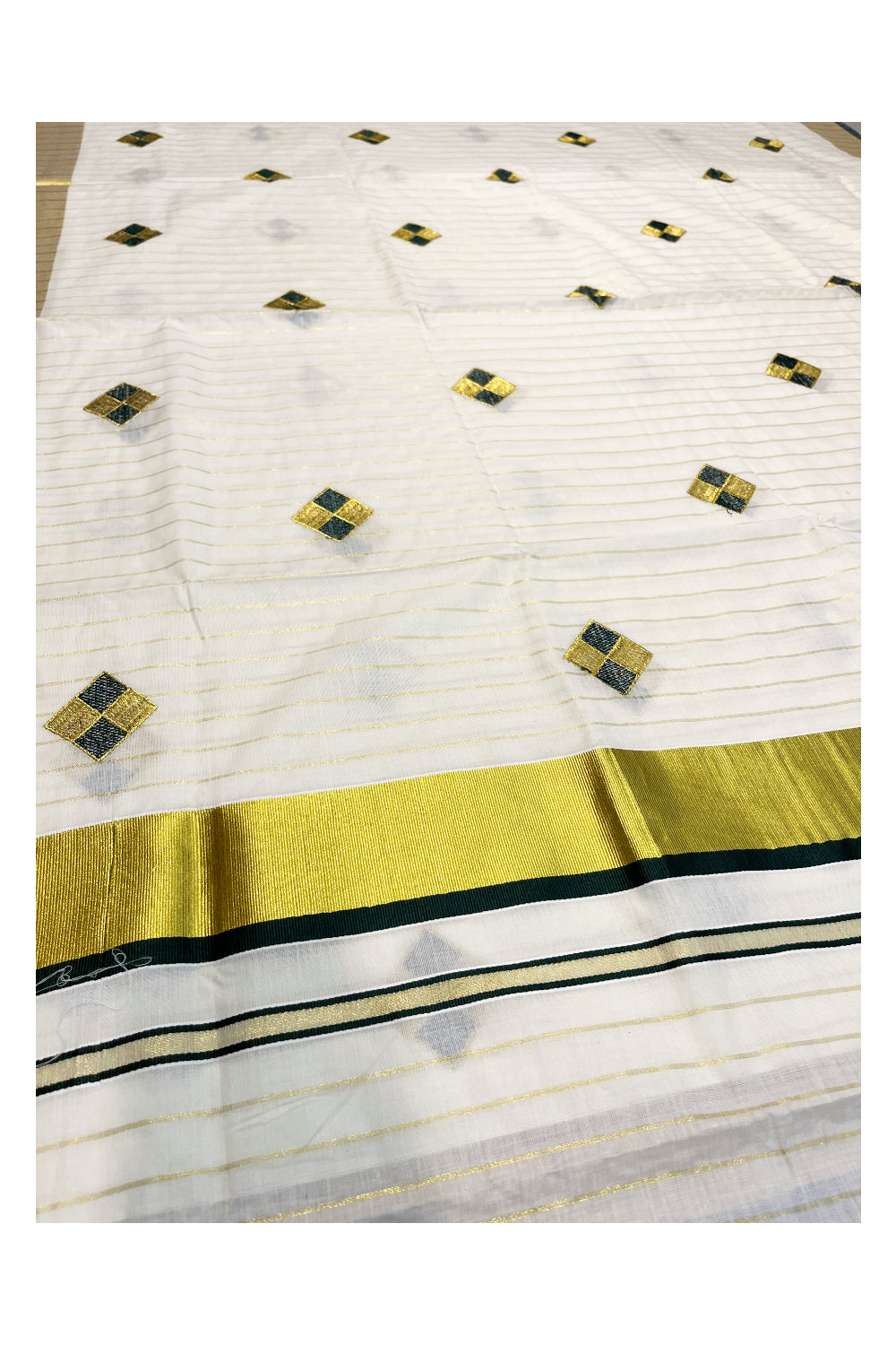 Kerala Cotton Kasavu Lines Saree with Green and Golden Diagonal Embroidery Work