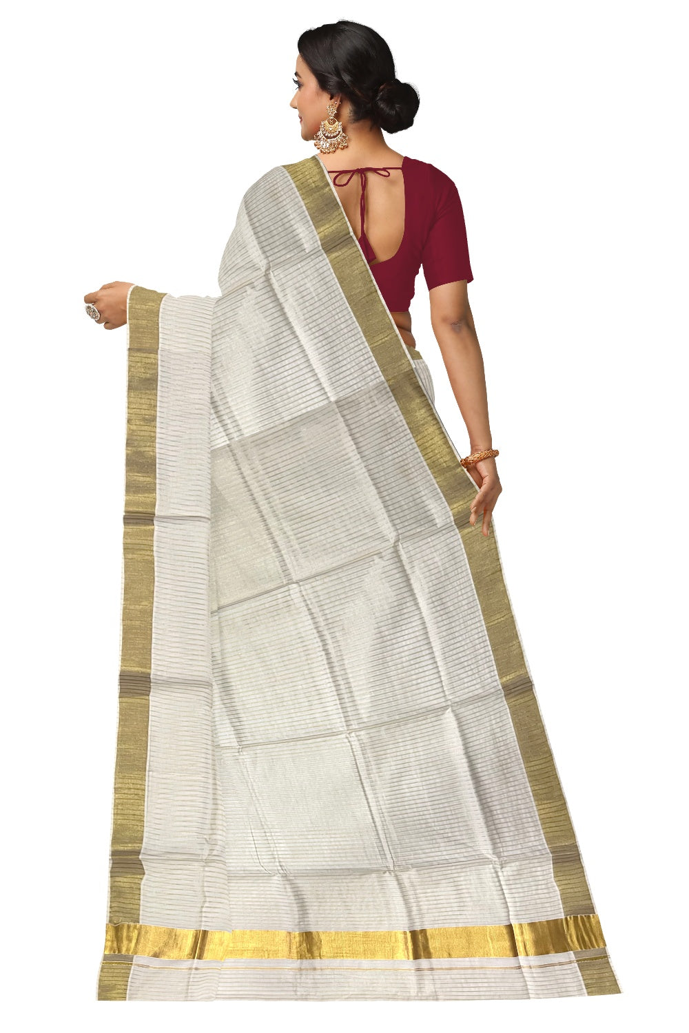 Pure Cotton Kerala Kasavu Lines Design Saree with Tassels Work