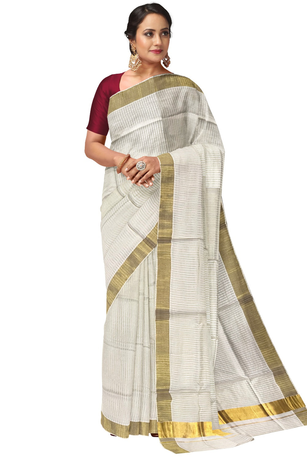 Pure Cotton Kerala Kasavu Lines Design Saree with Tassels Work