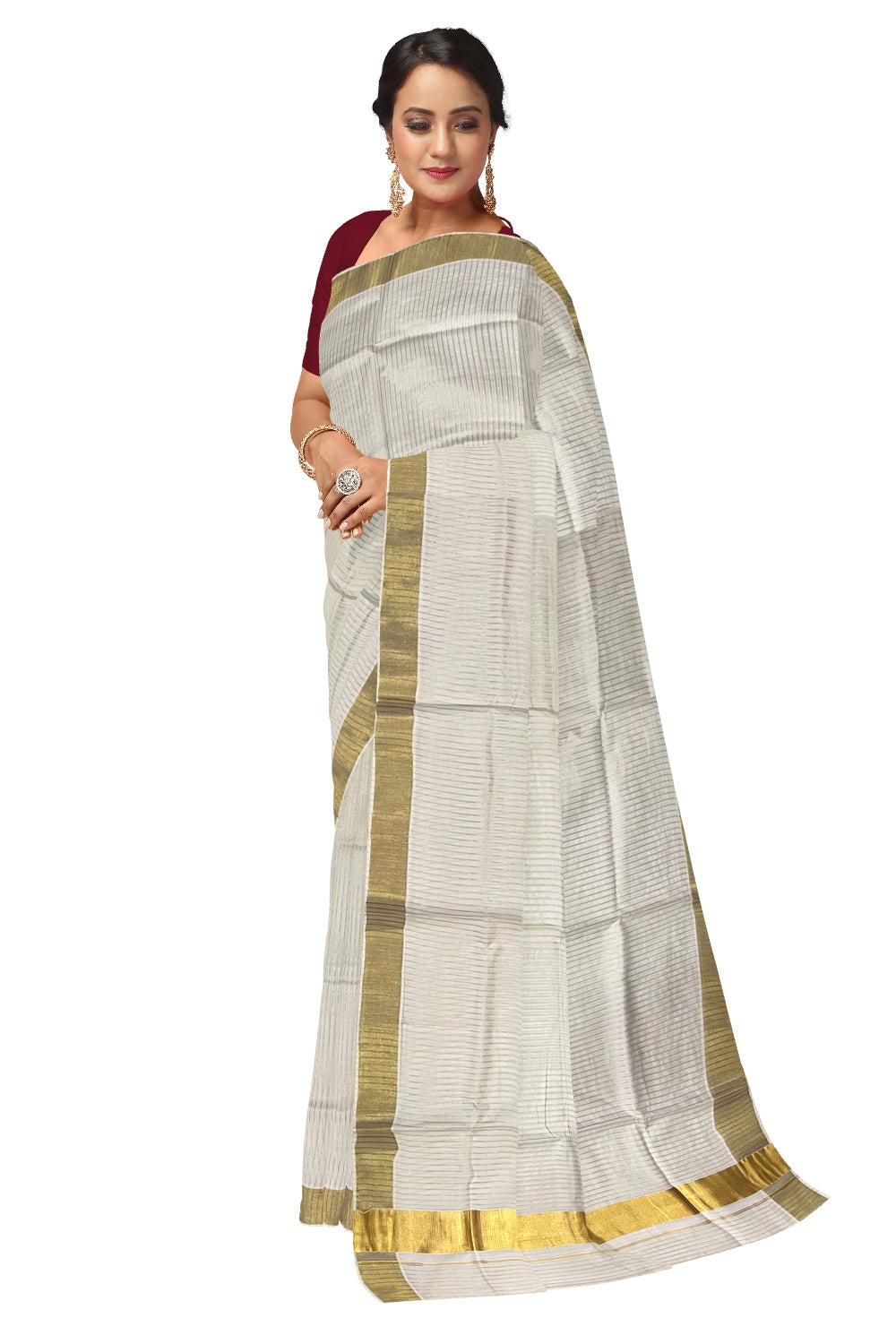 Pure Cotton Kerala Kasavu Lines Design Saree with Tassels Work