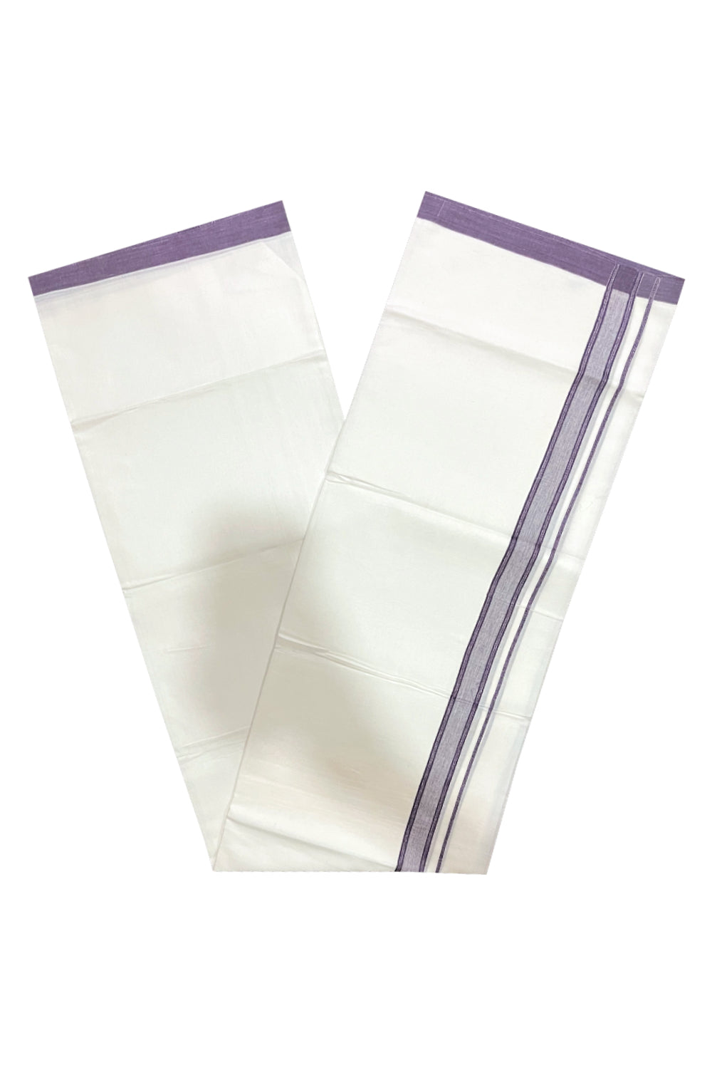 Pure White Cotton Double Mundu with Purple Border (South Indian Kerala Dhoti)