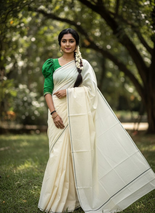 Southloom Kerala Cotton Plain Saree with Dark Green Puliyilakkara Border
