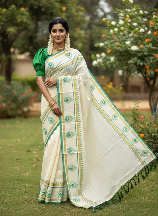 Southloom Cotton Kasavu Saree with Hand Printed Design on Border