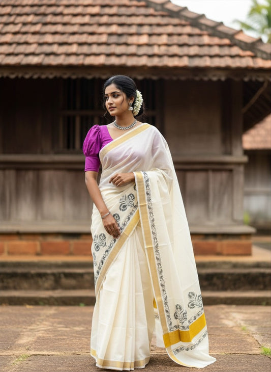 Southloom Cotton Kerala Kasavu Saree with Green and Purple Block Prints On Border