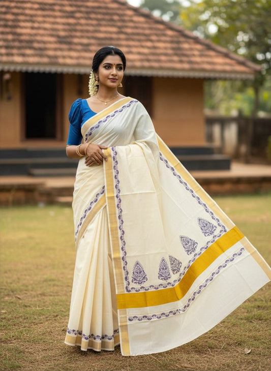 Southloom Cotton Kerala Kasavu Saree with Purple and Blue Block Prints On Border