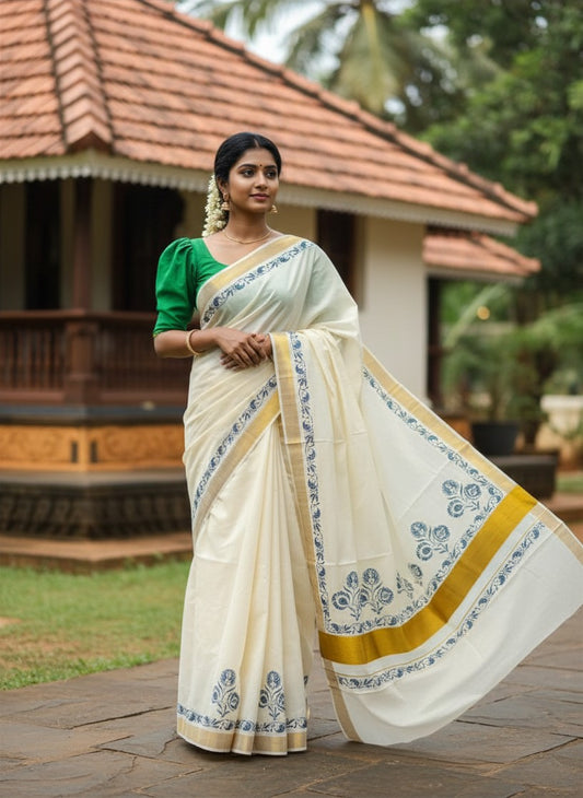 Southloom Cotton Kerala Kasavu Saree with Green and Violet Block Prints On Border