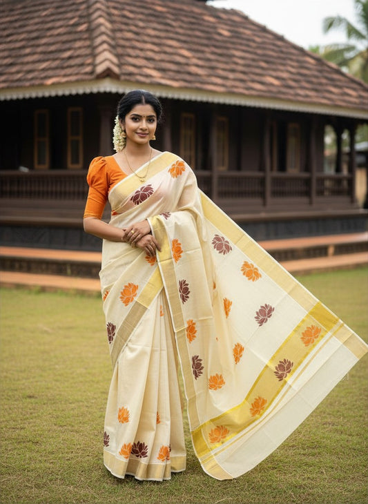 Southloom Kerala Tissue Saree with Orange And Brown Lotus Block Prints On Kasavu Border
