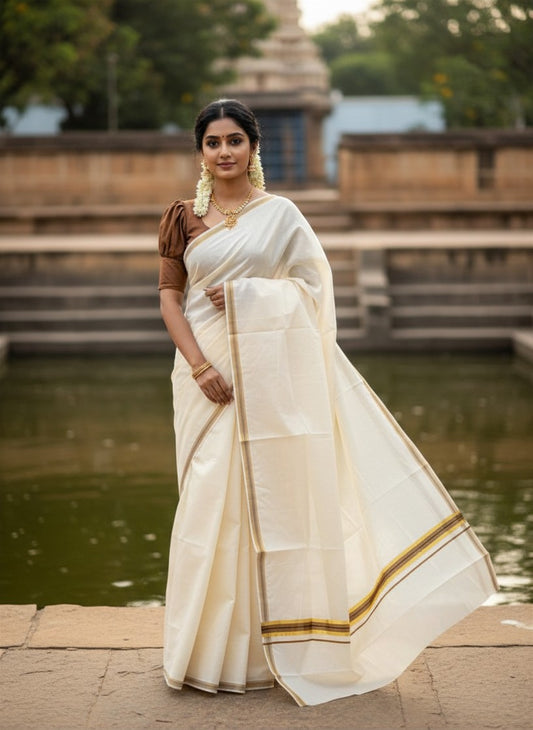 Kerala Pure Cotton Plain Saree with Kasavu and Dark Brown Border