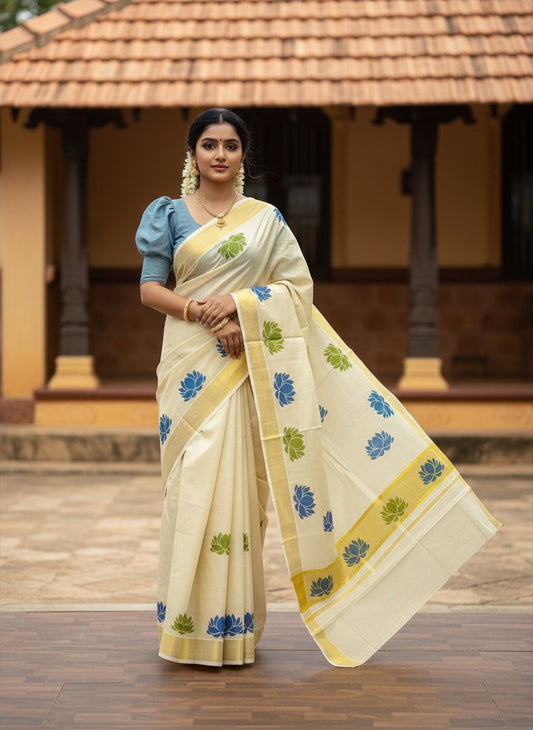Southloom Kerala Tissue Saree with Green And Blue Lotus Block Prints On Kasavu Border