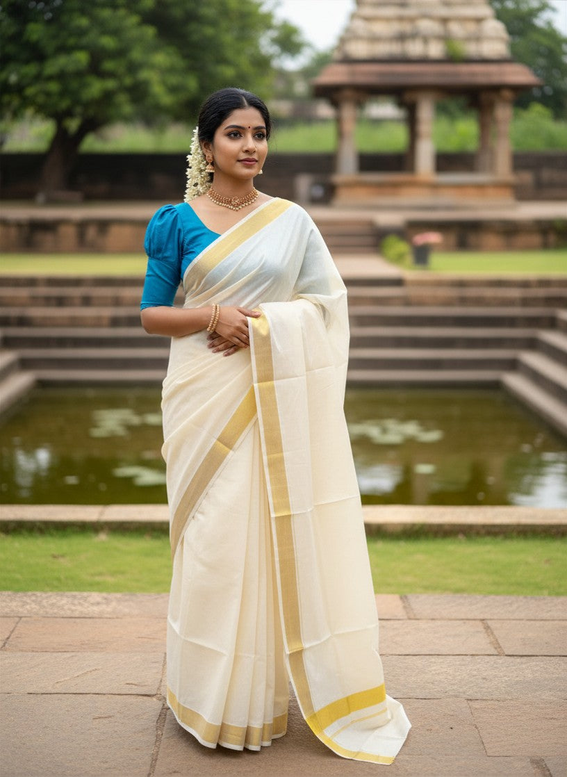 Pure Cotton Kerala Saree with 2x2 Kasavu Border