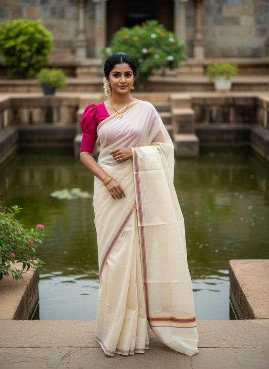 Kerala Pure Cotton Plain Saree with Kasavu and Magenta Border