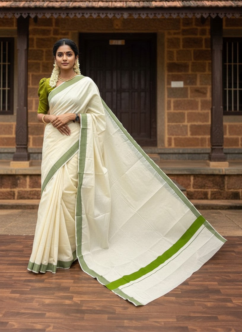 Southloom Pure Cotton Kerala Saree with Olive Green Kasavu Border in 3 inch