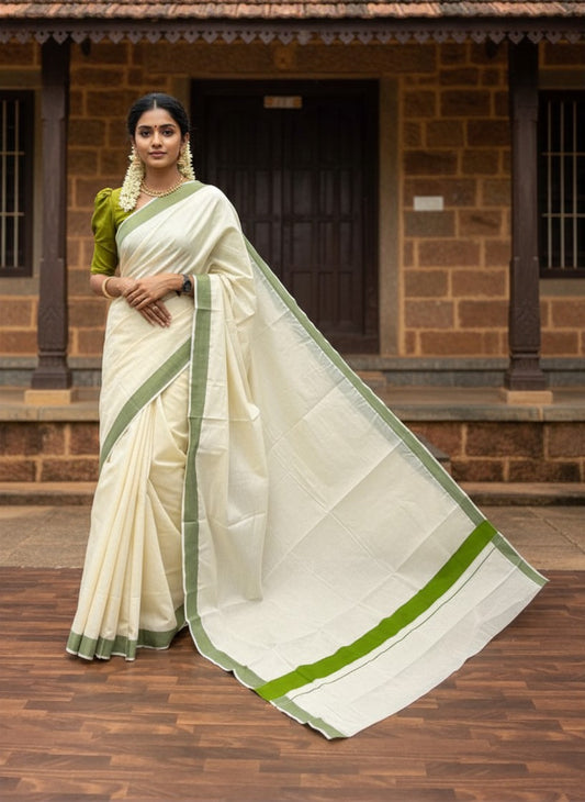 Southloom Pure Cotton Kerala Saree with Olive Green Kasavu Border in 3 inch